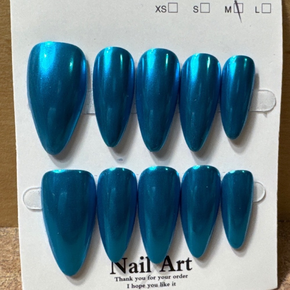 Metallic Teal Blue Press On Nails Almond‎ Shape Chrome Finish Size M 10pc Set